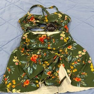 Zaful Olive Green Floral Swimdress with Orange & Yellow Blooms